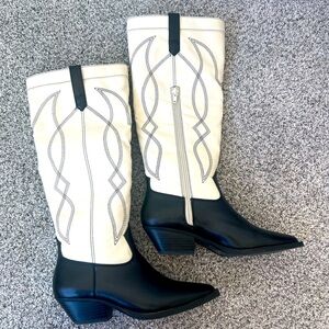 Ivory/white Faux Leather Cowboy Boots Pointed Toe 2 Inch Heel Side Zip Used Once